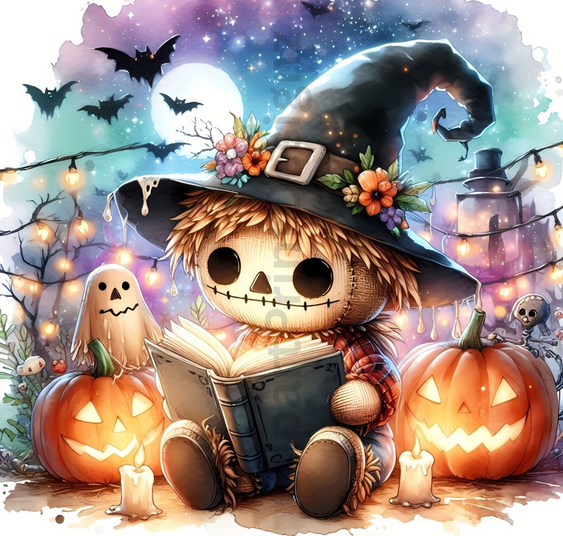 Op de afbeelding: Een grillige vogelverschrikker met een heksenhoed leest een boek onder een sterrenhemel. Twee uitgeholde pompoenen en een geest voegen toe aan de Halloween-sfeer.