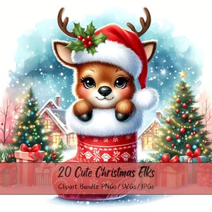 Lindo paquete de imágenes prediseñadas de alces navideños, imágenes prediseñadas de alces navideños, archivos de animales de reno en acuarela, gráficos divertidos de animales festivos, invierno s