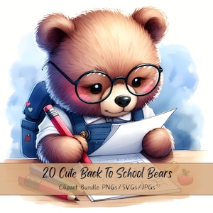 Lindo paquete de imágenes prediseñadas de osos de regreso a la escuela, imágenes prediseñadas de osos de acuarela, archivo de animales de alta calidad, gráficos de animales de maestros digitales únicos