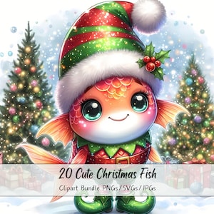 Lindo paquete de imágenes prediseñadas de peces navideños, imágenes prediseñadas de peces navideños, archivos de animales de acuarela de alta calidad, gráficos de animales festivos, invierno