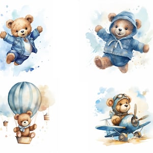May include: Four watercolor illustrations of teddy bears in different settings. The first bear is jumping in the air wearing a blue denim jacket. The second bear is wearing a blue hoodie and is jumping in the air. The third bear is in a blue and white hot air balloon. The fourth bear is wearing a pilot's hat and goggles and is flying a blue airplane.