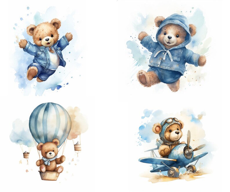 May include: Four watercolor illustrations of teddy bears in different settings. The first bear is jumping in the air wearing a blue denim jacket. The second bear is wearing a blue hoodie and is jumping in the air. The third bear is in a blue and white hot air balloon. The fourth bear is wearing a pilot's hat and goggles and is flying a blue airplane.