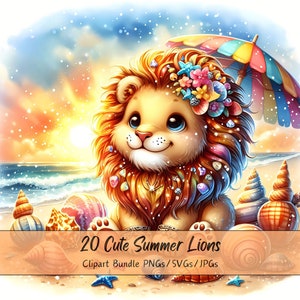 Pacchetto Clipart leoni estivi carino, immagini clipart leone acquerello, file di animali di alta qualità, grafica animale digitale divertente, download di tigre