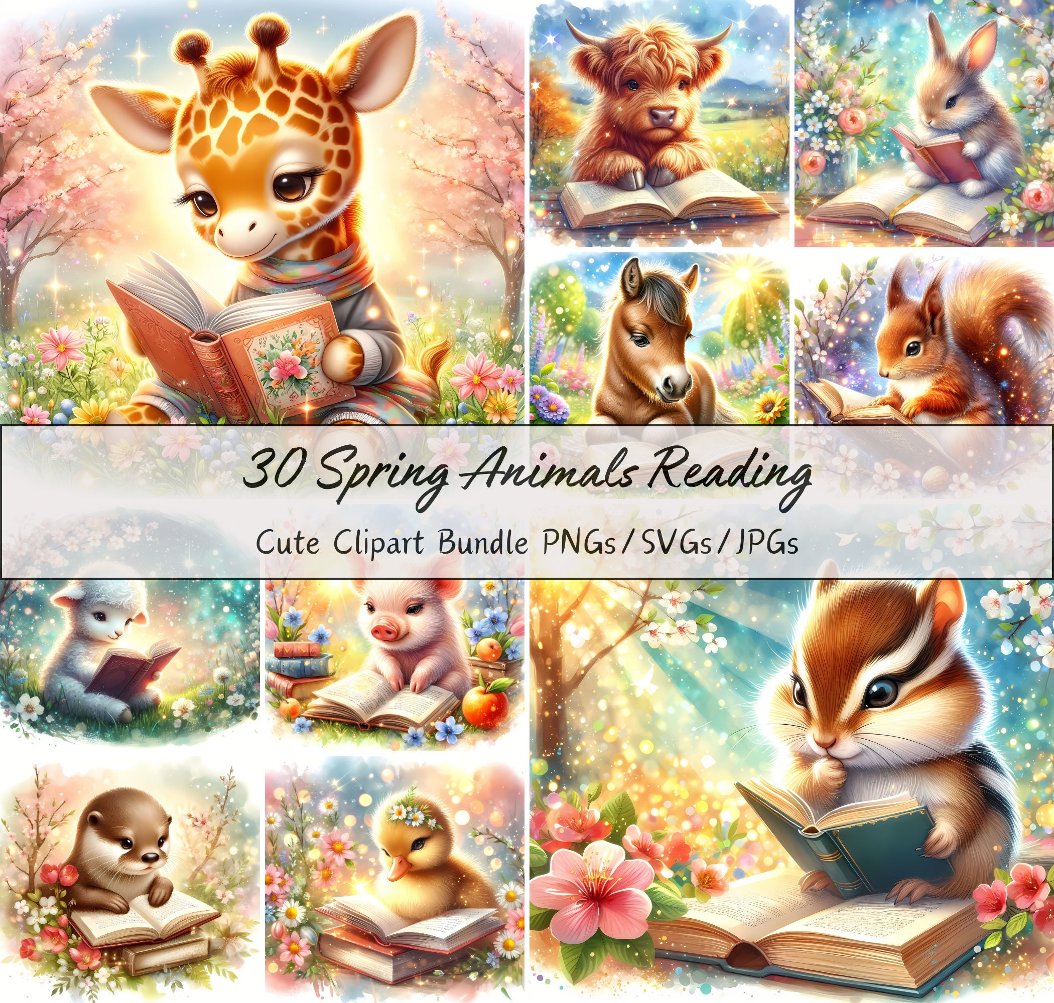 Spring Reading Animal Cute Spring Animals Reading Clipart Bundle, Watercolor Clip Art Images ...