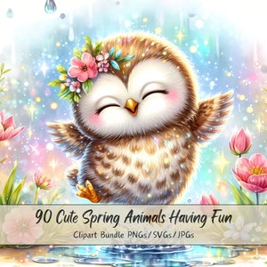 Animales de primavera divirtiéndose paquete de imágenes prediseñadas, lindas mega imágenes de acuarela, imágenes prediseñadas de alta calidad, gráficos de animales digitales, descarga divertida única