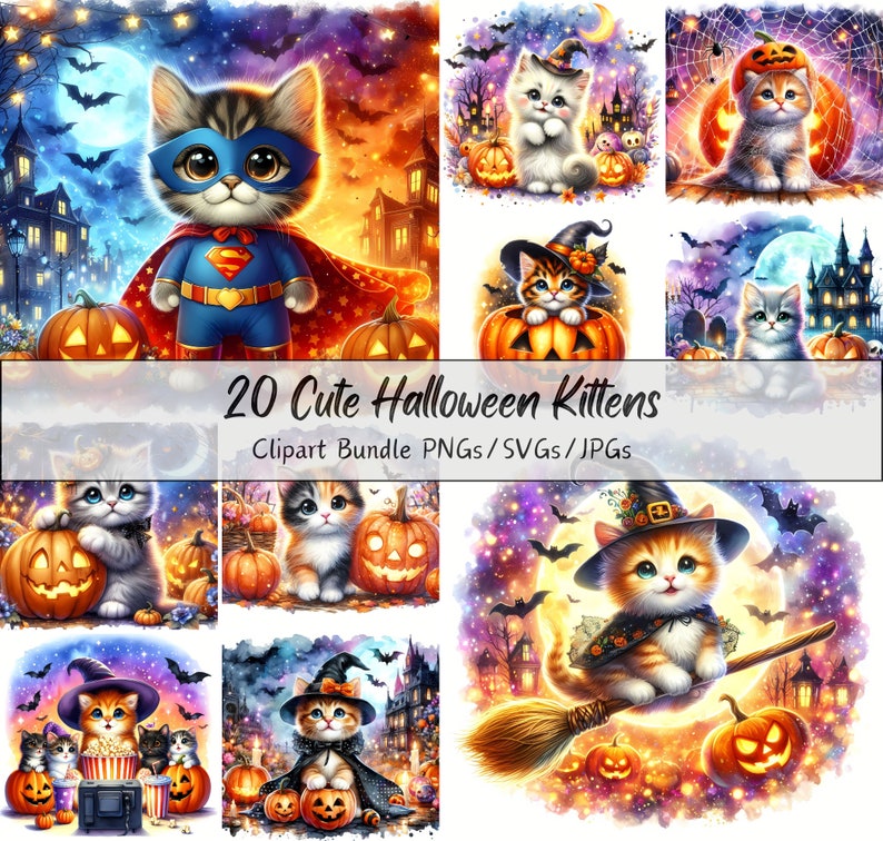 Cute Halloween Kittens Clipart Bundle, Watercolor Kitten Clip Art ...