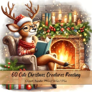 Paquete de imágenes prediseñadas de lindas criaturas navideñas leyendo, imágenes prediseñadas de Navidad, archivos de animales de criaturas de acuarela, figuras gráficas de invierno