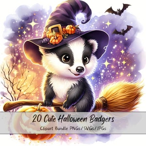 かわいいハロウィンのアナグマのクリップアートバンドル、水彩画のアナグマのクリップアート画像、高品質の怖い動物、楽しいデジタル動物のダウンロード、秋