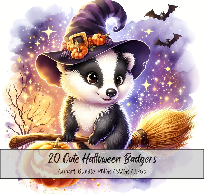 Cute Halloween Badgers Clipart Bundle, Watercolor Badgers Clip Art ...