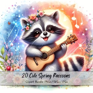 Bundle de cliparts mignons ratons laveurs de printemps, Images clipart aquarelle, 20 fichiers PNG/SVG/JPG de haute qualité, créations numériques en papier, fabrication de cartes, vêtements