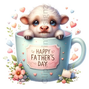 May include: A white fluffy baby animal with big blue eyes sits in a light blue mug with a pink label that says "Happy Father's Day". The mug is surrounded by pink and blue hearts.