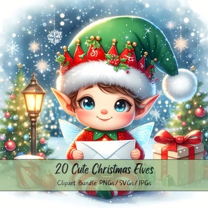 Pacchetto di clipart di elfi di Natale carini, immagini di clipart di elfi di Natale, file di personaggi di alta qualità ad acquerello, divertenti grafiche di figure invernali festive