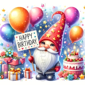 Cute Birthday Gnomes Clipart Bundle, Festive Watercolor Clip Art Images