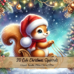 Lindo paquete de imágenes prediseñadas de ardillas navideñas, imágenes prediseñadas de ardillas navideñas, archivos de animales de acuarela de alta calidad, gráficos divertidos de animales festivos