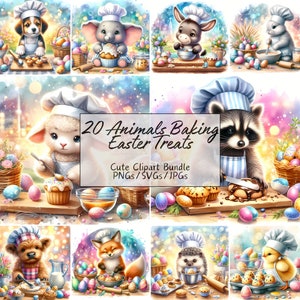 Süße Tiere Backen Osterleckereien Clipart, hochwertige Aquarell-Tierbilder, lustiges ClipArt-Bundle, bezaubernde digitale Download-Grafiken