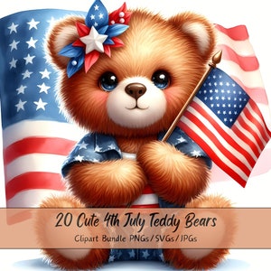 May include: A cute teddy bear wearing a blue and white striped shirt and a red, white, and blue flower headband. The bear is holding a small American flag. The bear is sitting in front of a larger American flag.