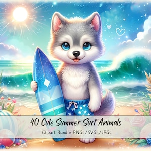 Süßes Sommer-Surf-Tiere-Clipart-Bundle, Aquarell-Strand-ClipArt-Bilder, einzigartige hochwertige Dateien, digitaler Surf-Tier-Download