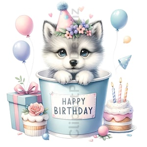 Pode incluir: Um ador&aacute;vel lobo de desenho animado usando um chap&eacute;u de festa rosa e uma coroa de flores est&aacute; sentado em uma x&iacute;cara azul com as palavras "Feliz anivers&aacute;rio" nela. H&aacute; um bolo de anivers&aacute;rio com velas, uma caixa de presente e um cupcake na imagem.