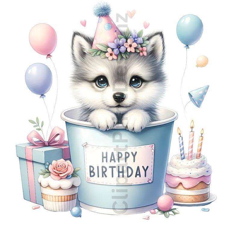 Pode incluir: Um ador&aacute;vel lobo de desenho animado usando um chap&eacute;u de festa rosa e uma coroa de flores est&aacute; sentado em uma x&iacute;cara azul com as palavras "Feliz anivers&aacute;rio" nela. H&aacute; um bolo de anivers&aacute;rio com velas, uma caixa de presente e um cupcake na imagem.