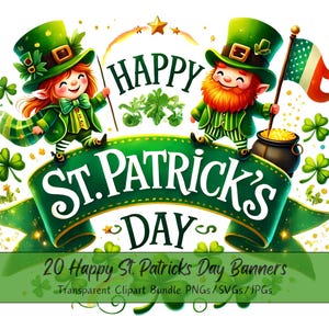 Pacchetto di clipart di banner di San Patrizio, immagini di clipart ad acquerello, file di alta qualità, download di grafica irlandese digitale, creazione di biglietti