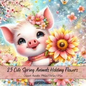 Lindo paquete de imágenes prediseñadas de animales de primavera y flores de primavera, imágenes de imágenes prediseñadas de acuarela, alta calidad, gráficos de animales digitales, descarga única