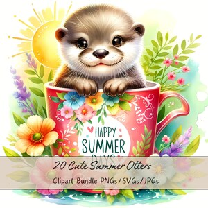 Lindo paquete de imágenes prediseñadas de nutrias de verano, imágenes prediseñadas de nutrias de acuarela, archivos de animales de alta calidad, gráficos de animales digitales, descarga única