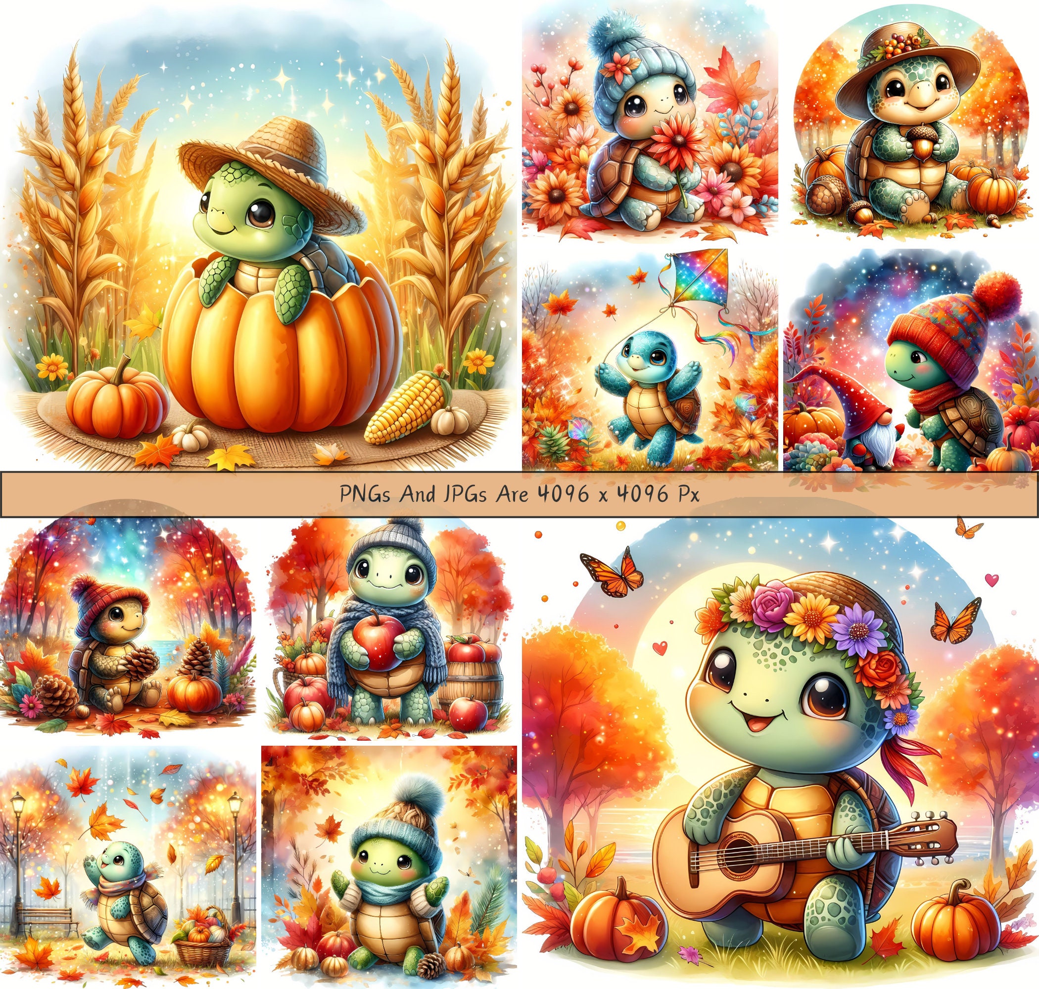 Cute Fall Turtles Clipart Bundle, Watercolor Turtle Clip Art Images ...