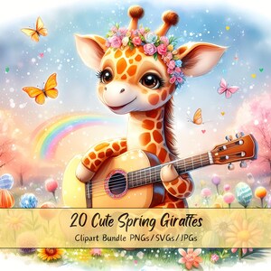 Lindo paquete de imágenes prediseñadas de jirafas de primavera, imágenes de imágenes prediseñadas de acuarela, archivos de jirafas de alta calidad, divertidos gráficos de animales digitales, descarga única