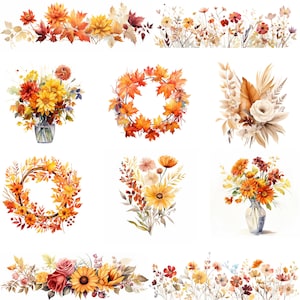 77 Aquarell Herbstblumen, Florales Clipart, Blumenränder, Blumen in Vasen, Herbstkränze, 300 Dpi PNGs / SVGs / JPGs, kommerzielle Nutzung