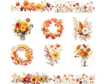 May include: A set of ten watercolor illustrations featuring autumnal floral arrangements and wreaths. The illustrations feature various flowers, leaves, and branches in shades of orange, yellow, and brown.