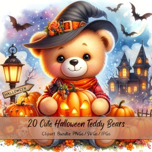 Lindo paquete de imágenes prediseñadas de osos de peluche de Halloween, imágenes prediseñadas de osos de acuarela, peluches de alta calidad aterradores, descarga digital divertida, criaturas de otoño