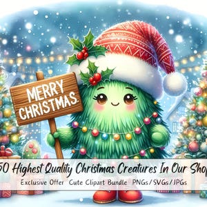 Lindo paquete de imágenes prediseñadas de animales y criaturas navideñas, imágenes prediseñadas de criaturas navideñas, acuarela de alta calidad, gráficos festivos de animales de invierno