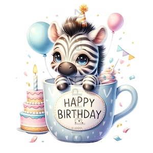 Pode incluir: Uma zebra fofa usando um chap&eacute;u de festa est&aacute; sentada em uma caneca azul com as palavras "Feliz anivers&aacute;rio" nela. A zebra est&aacute; cercada de confete e bal&otilde;es. H&aacute; um bolo de anivers&aacute;rio com cobertura rosa e branca e uma vela acesa ao lado da caneca.