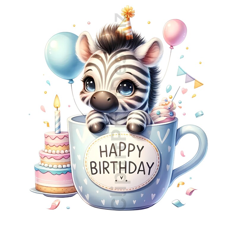 Pode incluir: Uma zebra fofa usando um chap&eacute;u de festa est&aacute; sentada em uma caneca azul com as palavras "Feliz anivers&aacute;rio" nela. A zebra est&aacute; cercada de confete e bal&otilde;es. H&aacute; um bolo de anivers&aacute;rio com cobertura rosa e branca e uma vela acesa ao lado da caneca.