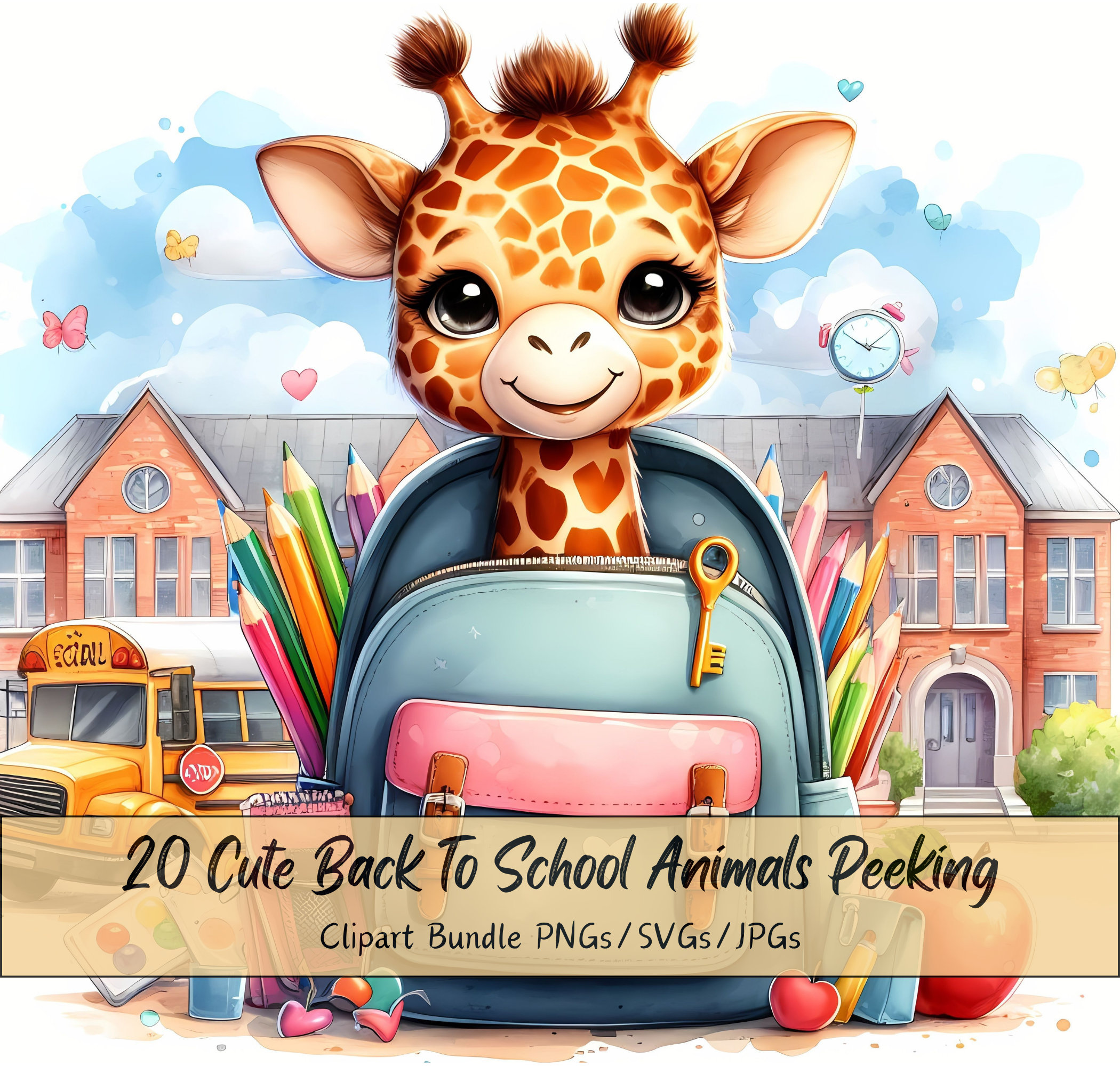 Cute Back To School Animals Peeking Out Of Accessories Clipart Bundle, Watercolor Animal Clip Art Images, High Quality Digital Teacher