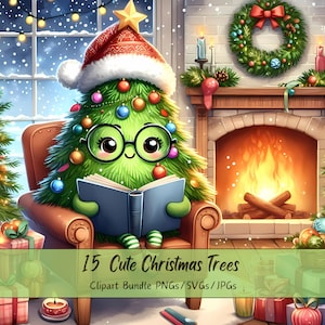 Pacchetto di clipart di alberi di Natale carini, immagini di clipart di Natale, file di personaggi acquerellati, grafica di figure festive, divertenti e stravaganti alberi invernali