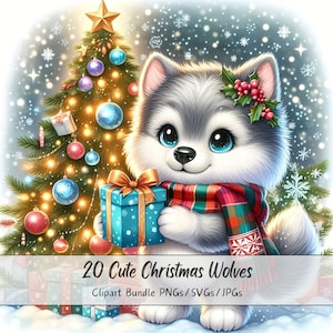 Lindo paquete de imágenes prediseñadas de lobos navideños, imágenes prediseñadas de lobos navideños, archivos de animales de acuarela de alta calidad, gráficos divertidos de animales festivos, invierno