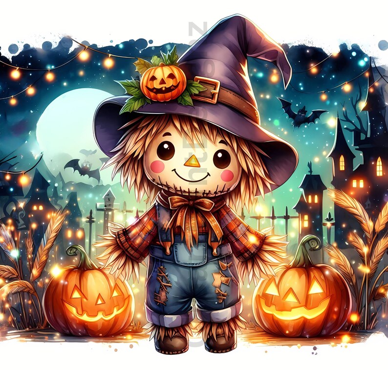 Op de afbeelding: Een cartoon-vogelverschrikker met een heksenhoed op en twee uitgeholde pompoenen in zijn handen. De vogelverschrikker staat voor een griezelige Halloween-sc&egrave;ne met huizen en vleermuizen.