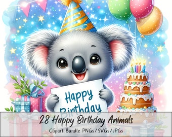 Pode incluir: Um lindo koala usando um chapéu de aniversário azul e amarelo segura um cartaz que diz "Feliz aniversário". O koala está cercado por presentes, balões e um bolo de aniversário com velas acesas. O texto "28 Happy Birthday Animals Clipart Bundle PNGs/SVGs/JPGs" está na parte inferior da imagem.