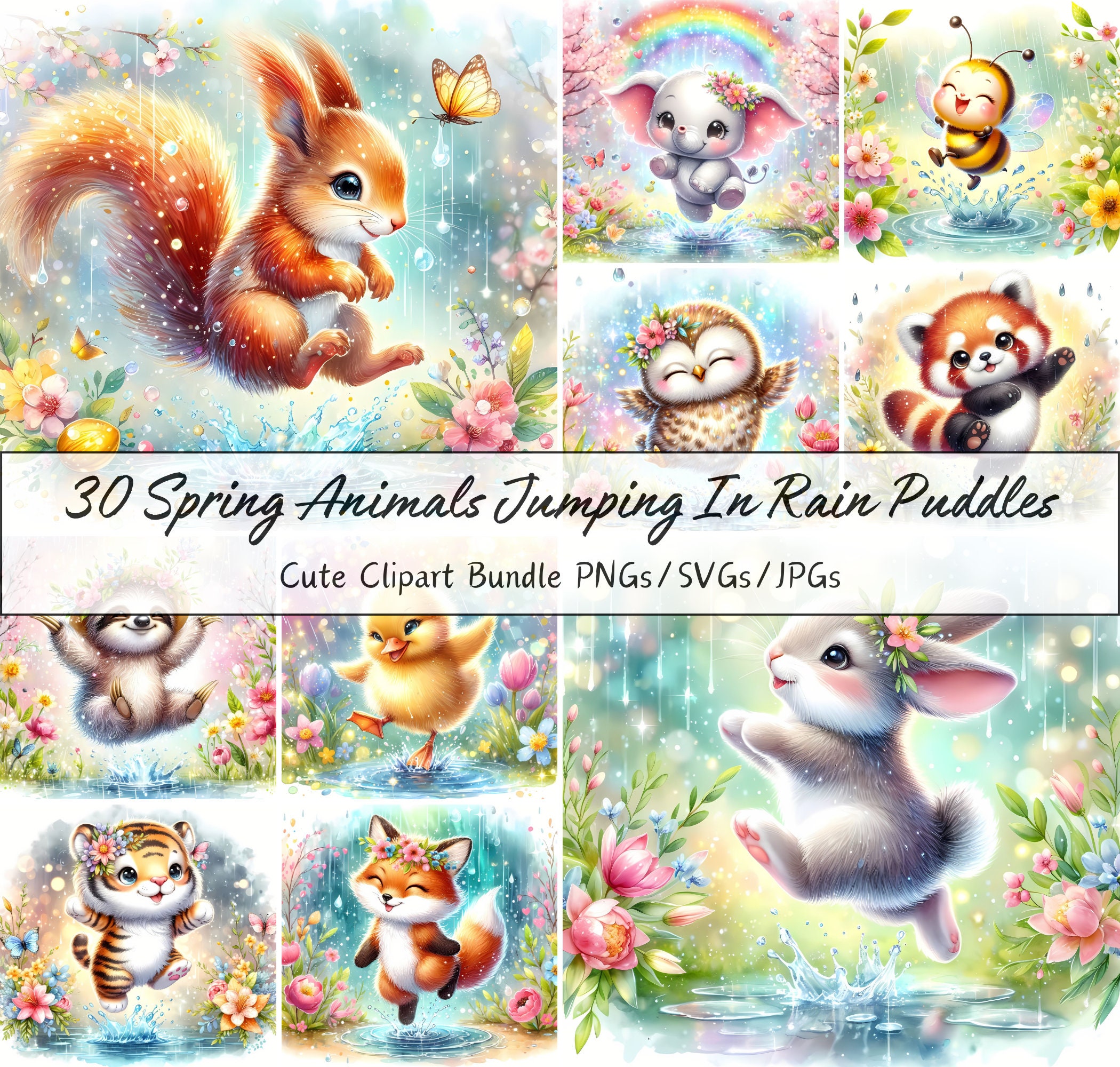 Spring Animals Having Fun Clipart Bundle, Cute Watercolor Mega Images ...