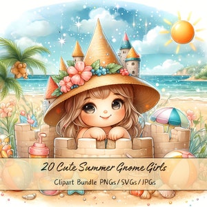 Lindo paquete de imágenes prediseñadas de Summer Gnome Girls, imágenes prediseñadas de Gomes de acuarela, archivos de alta calidad, gráficos divertidos de chicas digitales, descarga instantánea