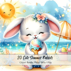 Lindo paquete de imágenes prediseñadas de conejos de verano, imágenes prediseñadas de conejos de acuarela, archivos de animales de alta calidad, descarga de animales digitales de conejitos, conejitos