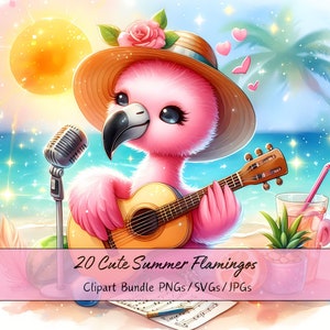 Lindo paquete de imágenes prediseñadas de flamencos de verano, imágenes prediseñadas de flamencos de acuarela, archivos de animales de alta calidad, descarga digital, gráficos de animales
