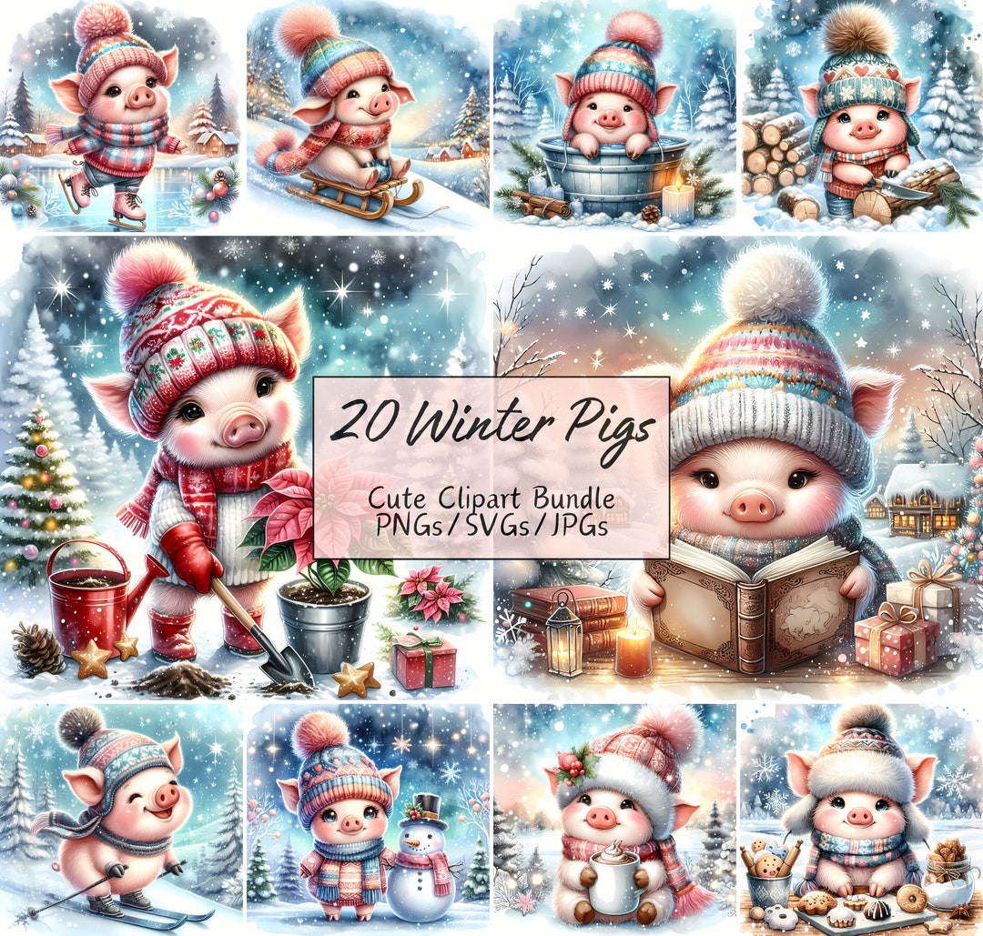 Cute Winter Pig Clipart Bundle, Festive Watercolor Clip Art Images, 20 ...