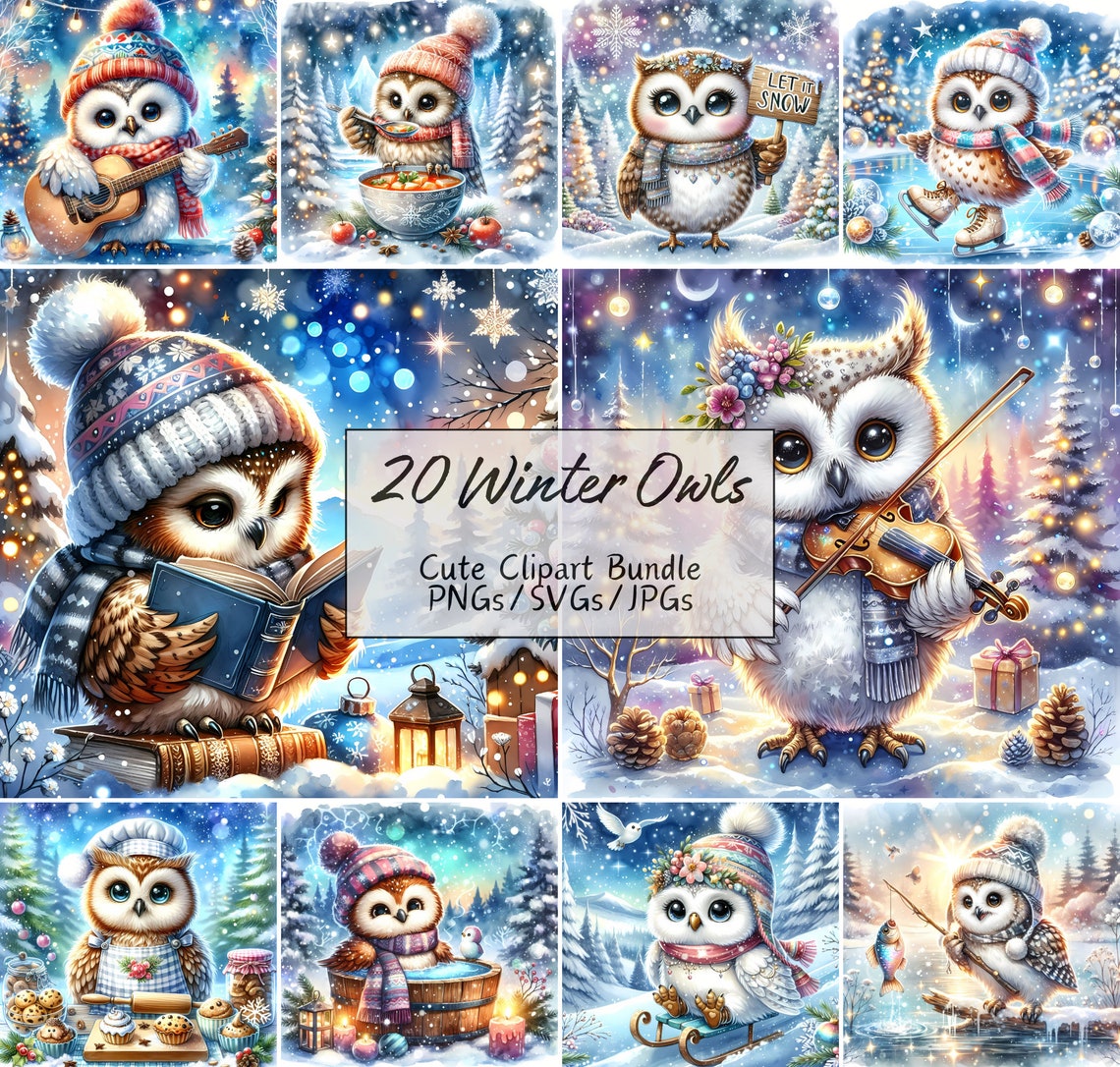 Cute Winter Owl Clipart Bundle, Festive Watercolor Clip Art Images, 20 ...