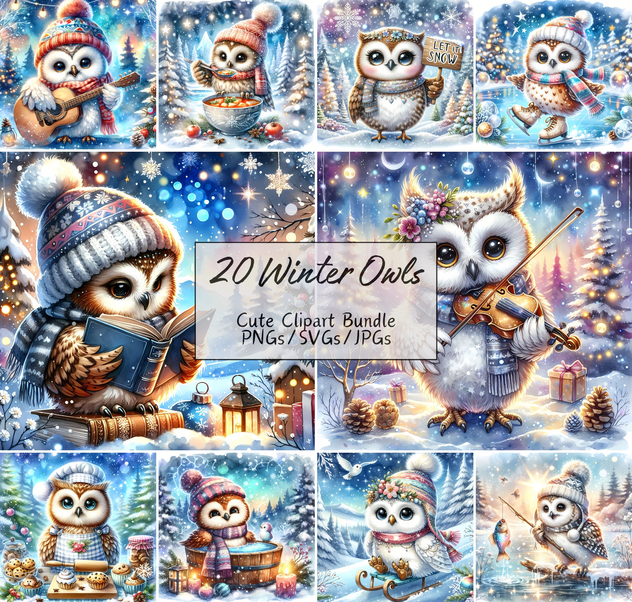 Cute Winter Owl Clipart Bundle, Festive Watercolor Clip Art Images, 20 ...