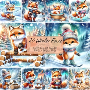 Bundle de cliparts mignon renard d'hiver, images clipart aquarelle festives, 20 fichiers PNG/SVG/JPG de haute qualité, créations numériques en papier, journal indésirable