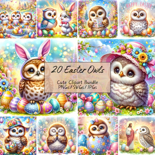 Watercolor Easter Owl Clipart, Whimsical Animal Images, Cute High Quality Bundle, Digital Download Graphics, 20 Digital Art Files, Owls