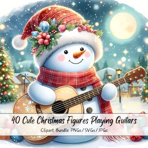 Paquete de imágenes prediseñadas de lindas figuras navideñas tocando guitarras, imágenes prediseñadas navideñas, archivos de animales de criaturas de acuarela, gráficos de criaturas de invierno