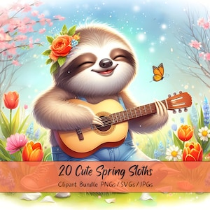 Lindo paquete de imágenes prediseñadas de perezosos de primavera, imágenes de imágenes prediseñadas de acuarela, archivos de perezosos de alta calidad, gráficos de animales digitales divertidos, descarga única